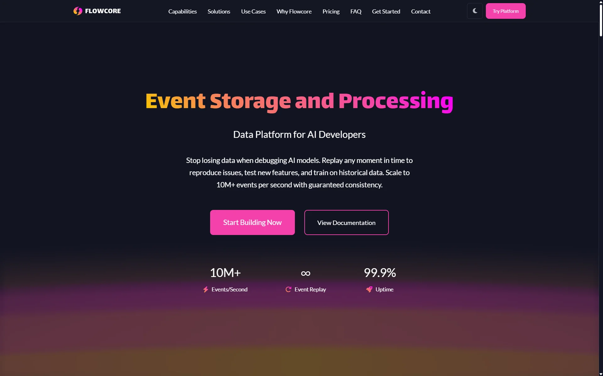 Flowcore landing page with dark theme displaying 'Event Storage and Processing' headline and 'Data Platform for AI Developers' with statistics showing 10M+ events per second and 99.9% uptime