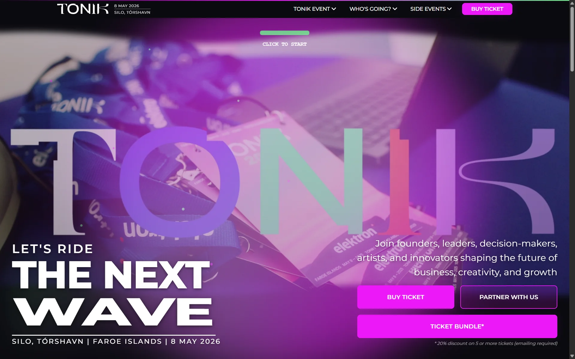 Tonik event landing page with vibrant purple and pink gradient, featuring large 'TONIK' typography and tagline 'Let's Ride THE NEXT WAVE' for the tech and art summit in Faroe Islands