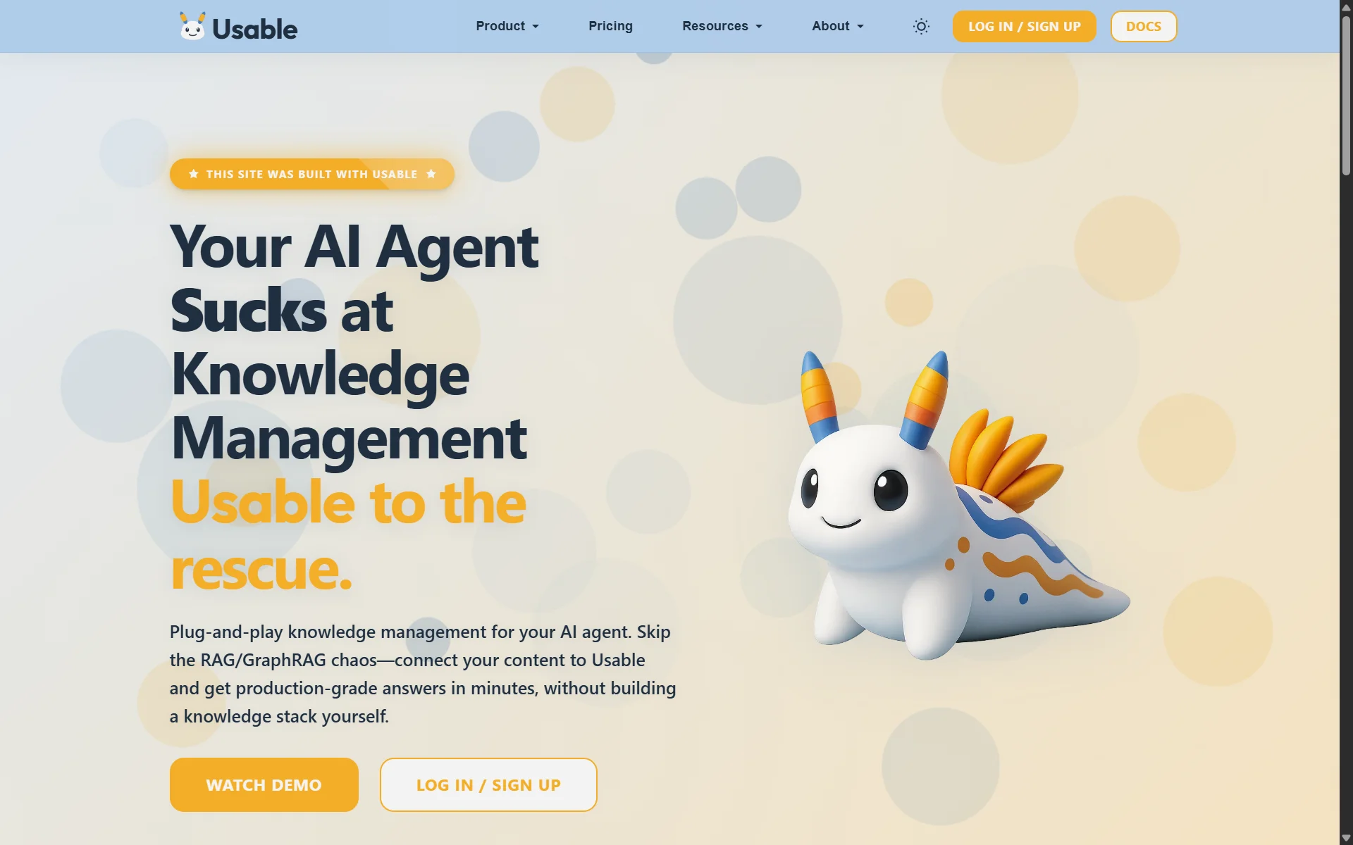 Usable landing page featuring their mascot character and tagline 'Your AI Agent Sucks at Knowledge Management - Usable to the rescue' with plug-and-play knowledge management description