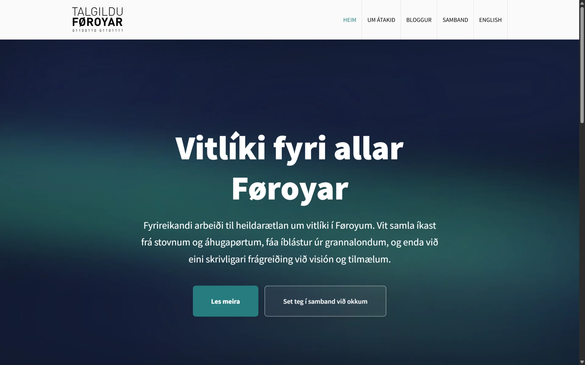 Vitlíki landing page for Talgildu Føroyar with ocean gradient background, featuring 'Vitlíki fyri allar Føroyar' headline in Faroese and call-to-action buttons